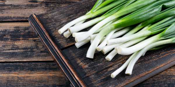 green spring onions scallions cutting board dark wooden table 1