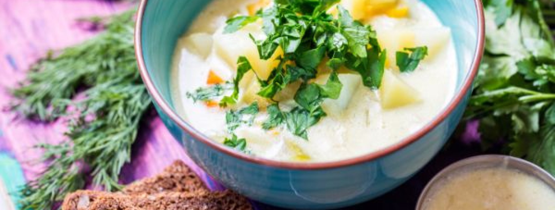 homemade vegetarian soup with potato carrots pepper with dark bread dill wooden background 1