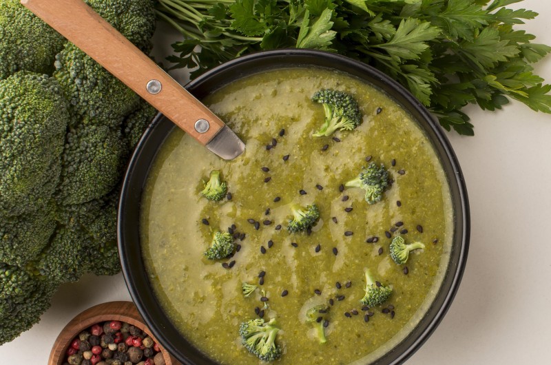 top view winter broccoli soup bowl with spoon celery2